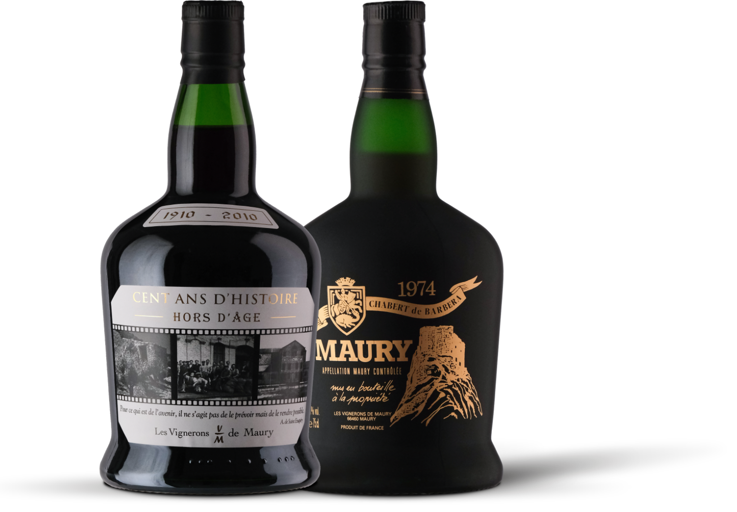 Deux bouteilles de vin des Vignerons de Maury, millésimes d'exception